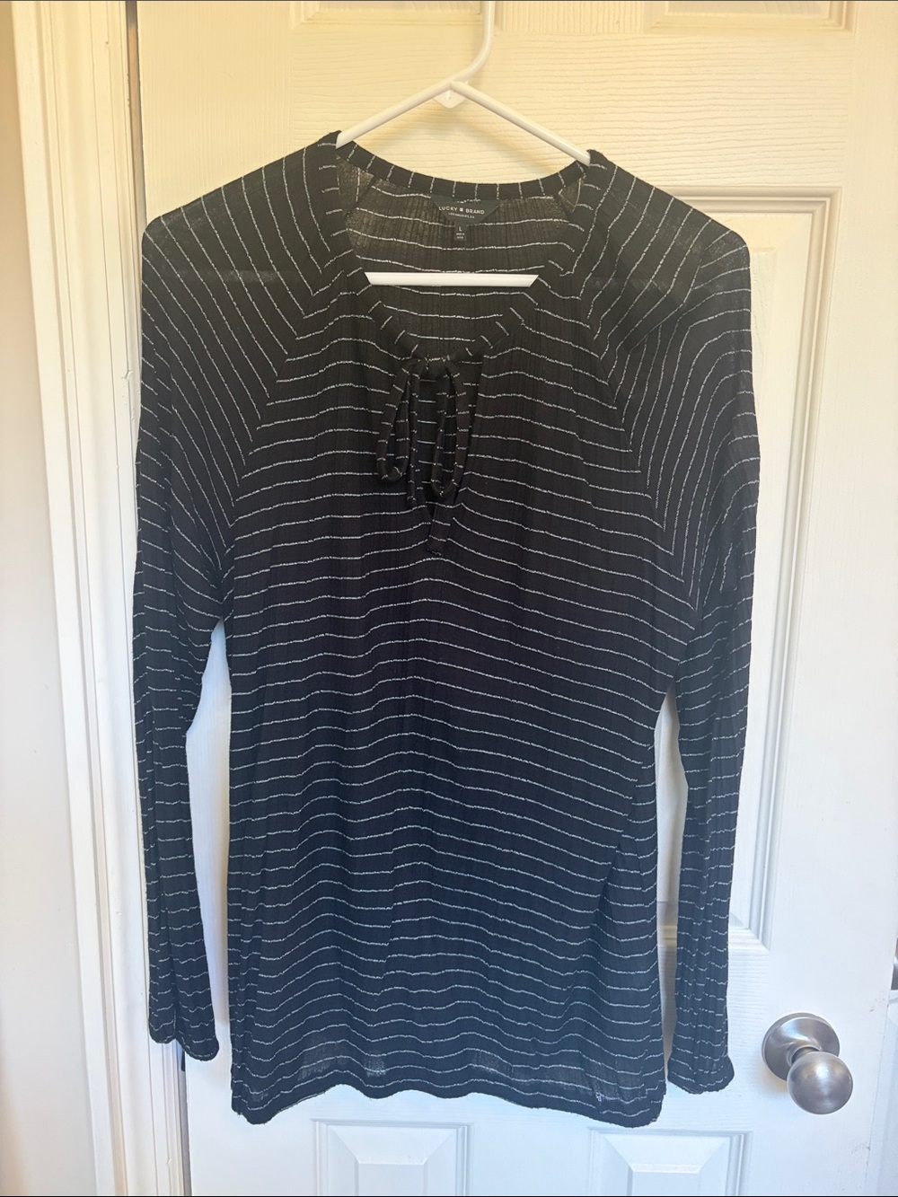 Lucky Brand Black White Striped Long Sleeve Tie Front Top